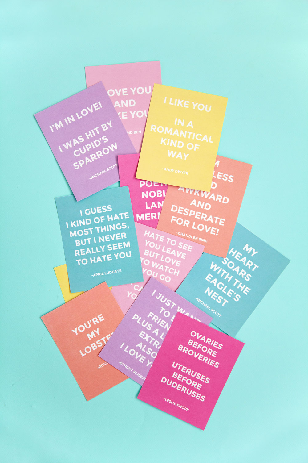 These funny quote Valentine's are sure to get some laughs. All quotes from The Office, Parks and Rec and Friends... some of the best shows ever!