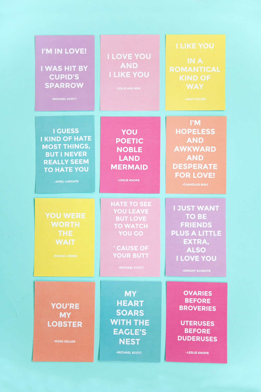 These funny quote Valentine's are sure to get some laughs. All quotes from The Office, Parks and Rec and Friends... some of the best shows ever!