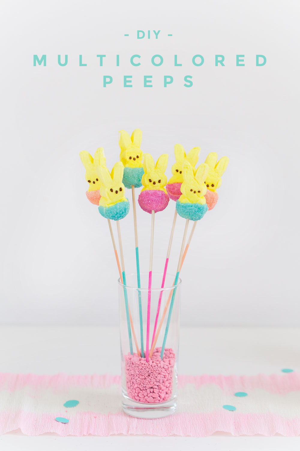 Learn how to make these fun and SIMPLE multicolored peeps. Perfect for Easter table decor or just something fun for an Easter basket.